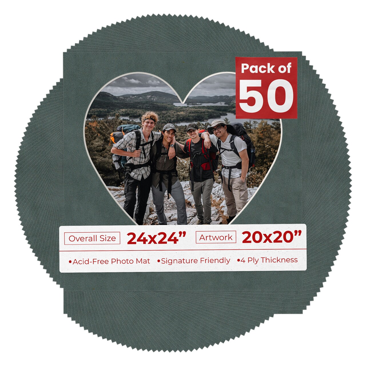 Dark Grey Suede Mat Board for 24x24 Frames - Heart Opening for 20x20 Photos